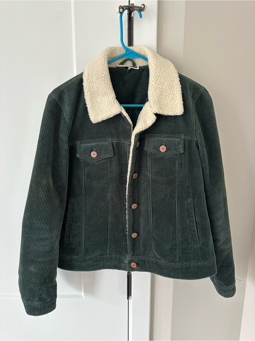 Noisy May Teal Corduroy Jacket with Cream Sherpa Trim